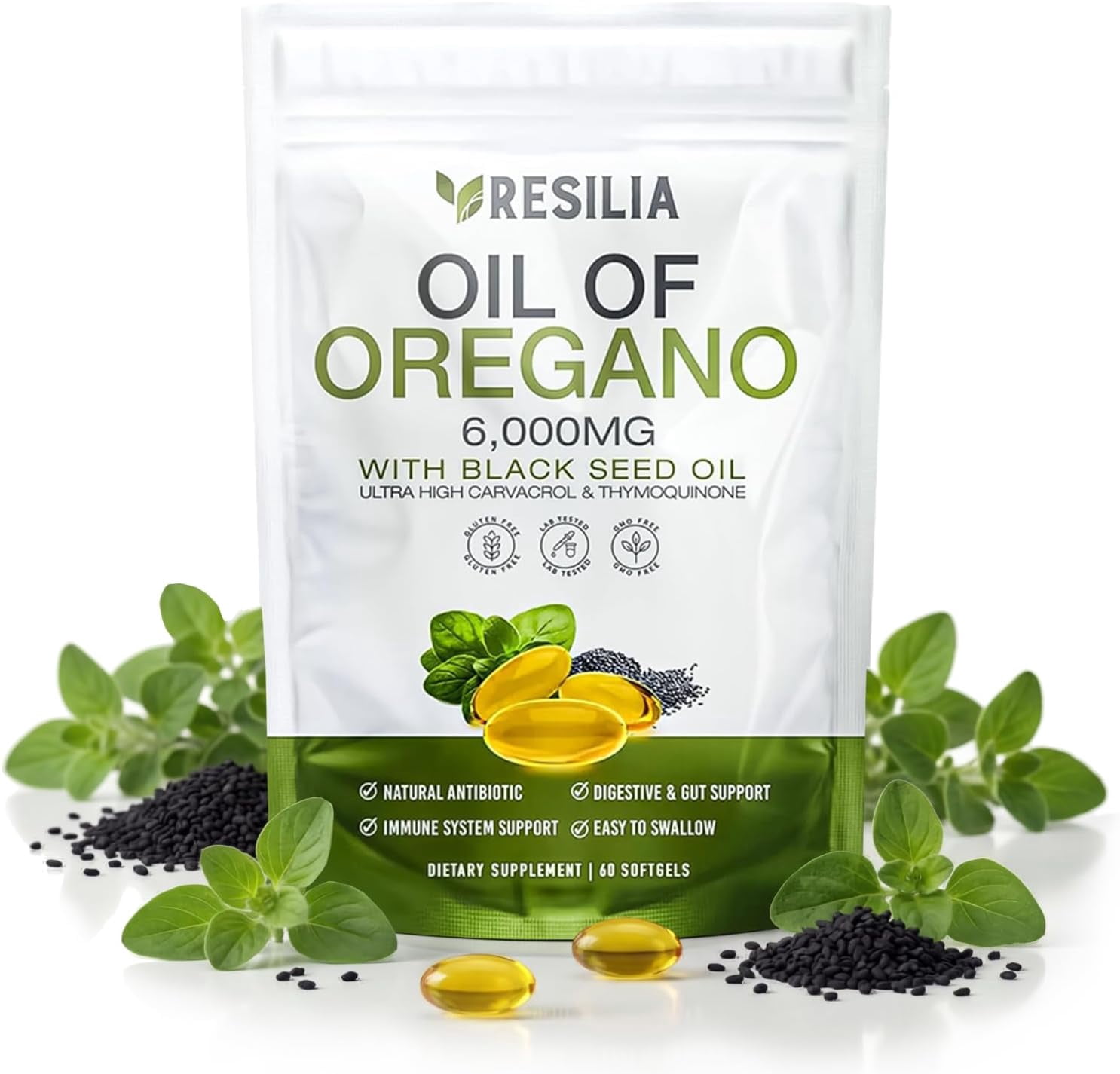 Resilia Softgels with Black Seed Oil 6000mg – Organic Oregano Oil Capsules for Immune & Digestive Support – Non-GMO, Gluten-Free Softgels – Natural Herbal Wellness Supplement (60 Count)