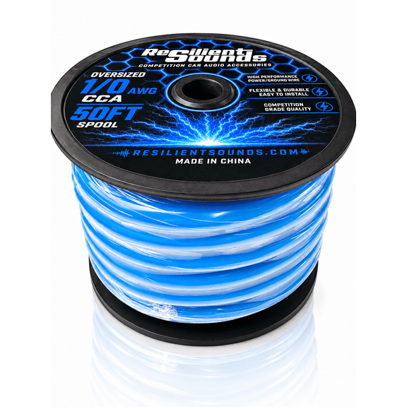 Resilient Sounds Oversized 1/0 Gauge CCA Power & Ground Wire 50FT SPOOL BLUE