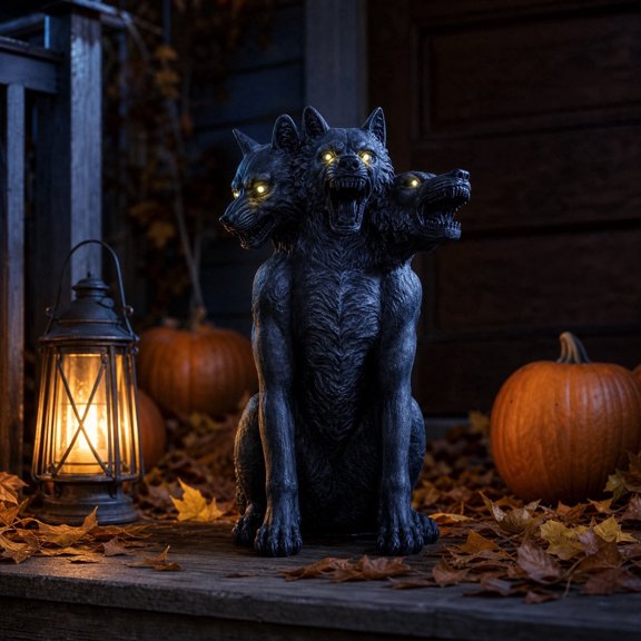Resin 3 Headed Wolf Statue with LED Glowing Eyes Gothic Decor Sculpture for Home Halloween and Collectible Display
