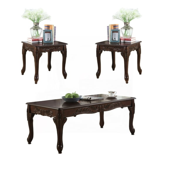 Resin 3Pc Dark Cherry Finish Coffee & End Table Set|Detailed Claw Feet & Ornate Detailing