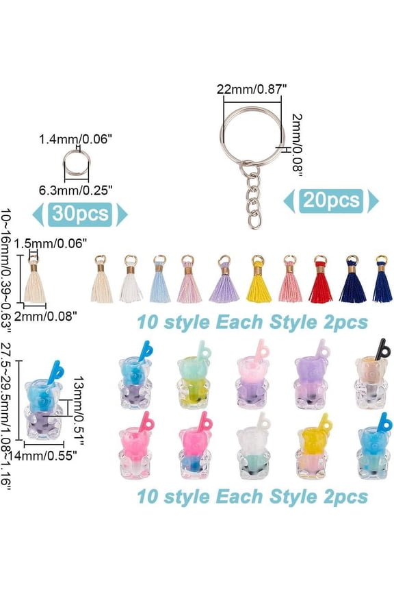 Resin 90 Pcs Tea Keychain Kit 10 Colors Bear Mini Cup Charms Tassels Pendant Split Rings Chain Tea Keychain Accessories Set for DIY Keychain Jewelry Making