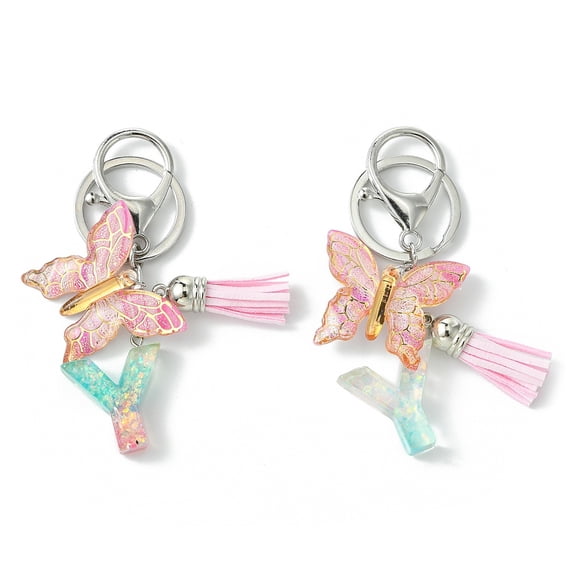 Resin Acrylic Keychains with Alloy Split Key Rings and Suede Tassel Pendants Letter Butterfly Random Gradient Color Letter Y 8.6cm