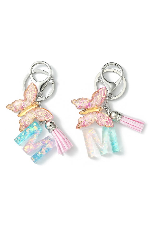 Resin Acrylic Keychains with Alloy Split Key Rings and Suede Tassel Pendants Letter Butterfly Random Gradient color Letter M 8.6cm