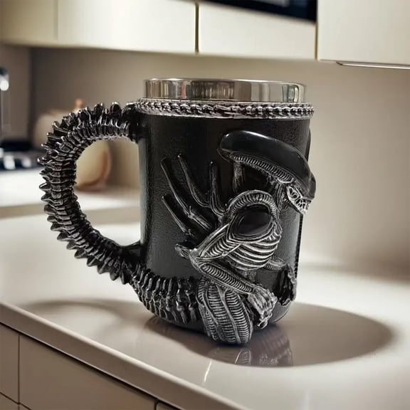 Resin Alien Themed Decorative Mug With Tail Handle Unique 12.5X9.2Cm 400Ml Water Bottle Cool Alien Drink Cup-Black