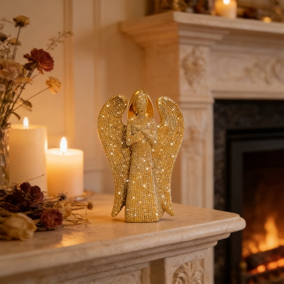Resin Angel Figurine with Bead Accents, Kneeling Angel Statue for Home Decor and Living Room Display, Modern Tabletop Decoration, Minimalist Angel Sculpture for Bookshelf and TV Cabinet Decor