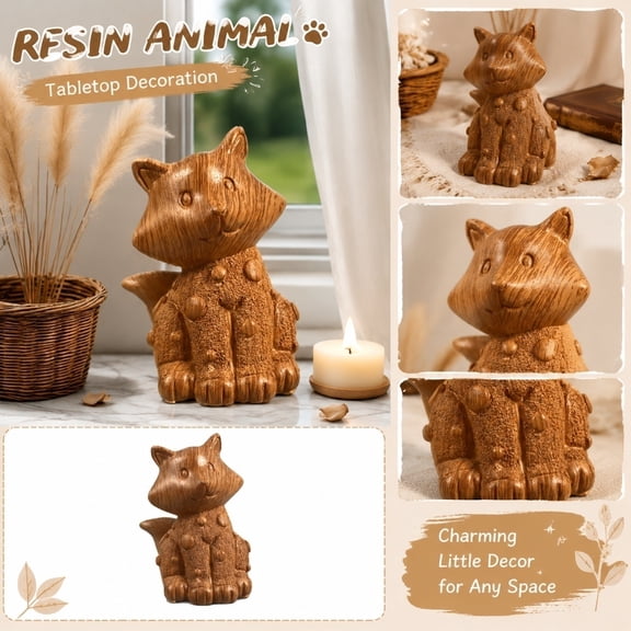 Resin Animal Fox Desktop Ornament, Cute Home Decor, Small Shelf Decor, Home Decorations for Living Room, 2.5X2.5X3 Inch Faux Wood Grain Figurine for Desk, Tv Stand and Display