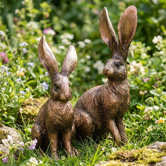 Resin Antique Bronze Long-Eared Bunny Ornament, Simulated Metal Decor for Home, Garden, Spring Festival Display, Vintage Style Figurine