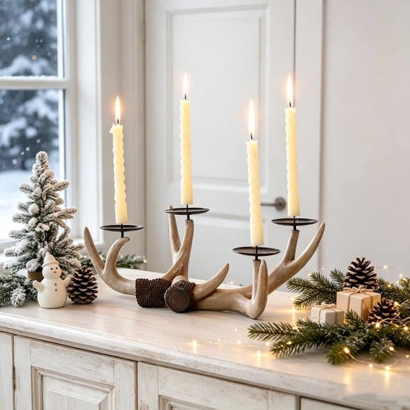 Resin Antler Candle Holder, White Deer Antler Candlestick for Christmas Tabletop Decor, Rustic Farmhouse Candle Centerpiece for Mantel, Winter Cabin Table Decoration
