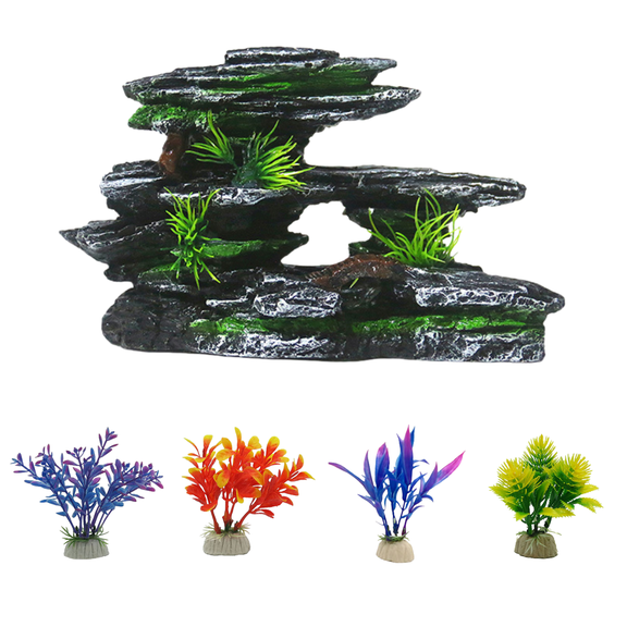 Resin Aquarium Mountain Decor with PVC Artificial Plants - Multi-Hole Cave & Resting Platform for Fish, Natural Stone Look Decoration for 10-50 Gallon Freshwater Tanks