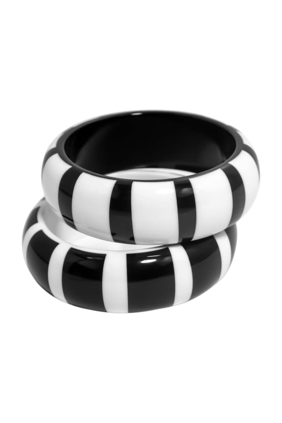 Resin Bangle Bracelet Set of 2 - Black and White  Melon Stripe Half-Rounded, Symbolic Handmade Jewelry for Women