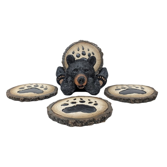 Resin Bear Coaster Set – Rustic Lodge Decor with 4 Bear Paw Print Coasters and Sturdy Holder – Cabin Style Drink Coasters for Coffee Table, Bar, Kitchen – Great Gift for Wildlife & Nature Lovers