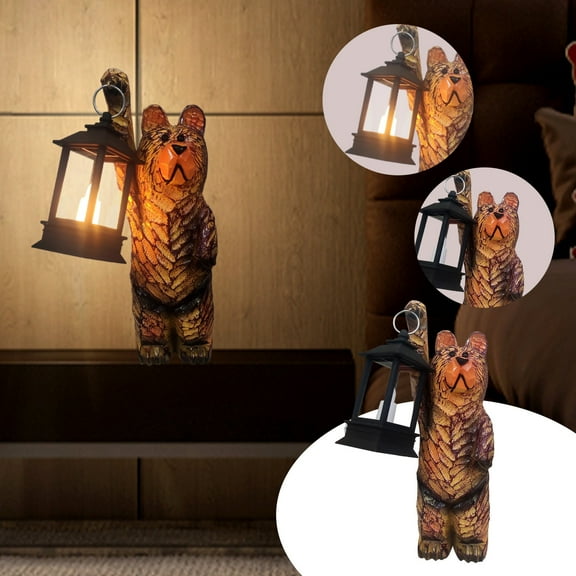 Resin Bear Holding Light, Imitation Wood Garden Decoration, Brown Figurine for Shelf
