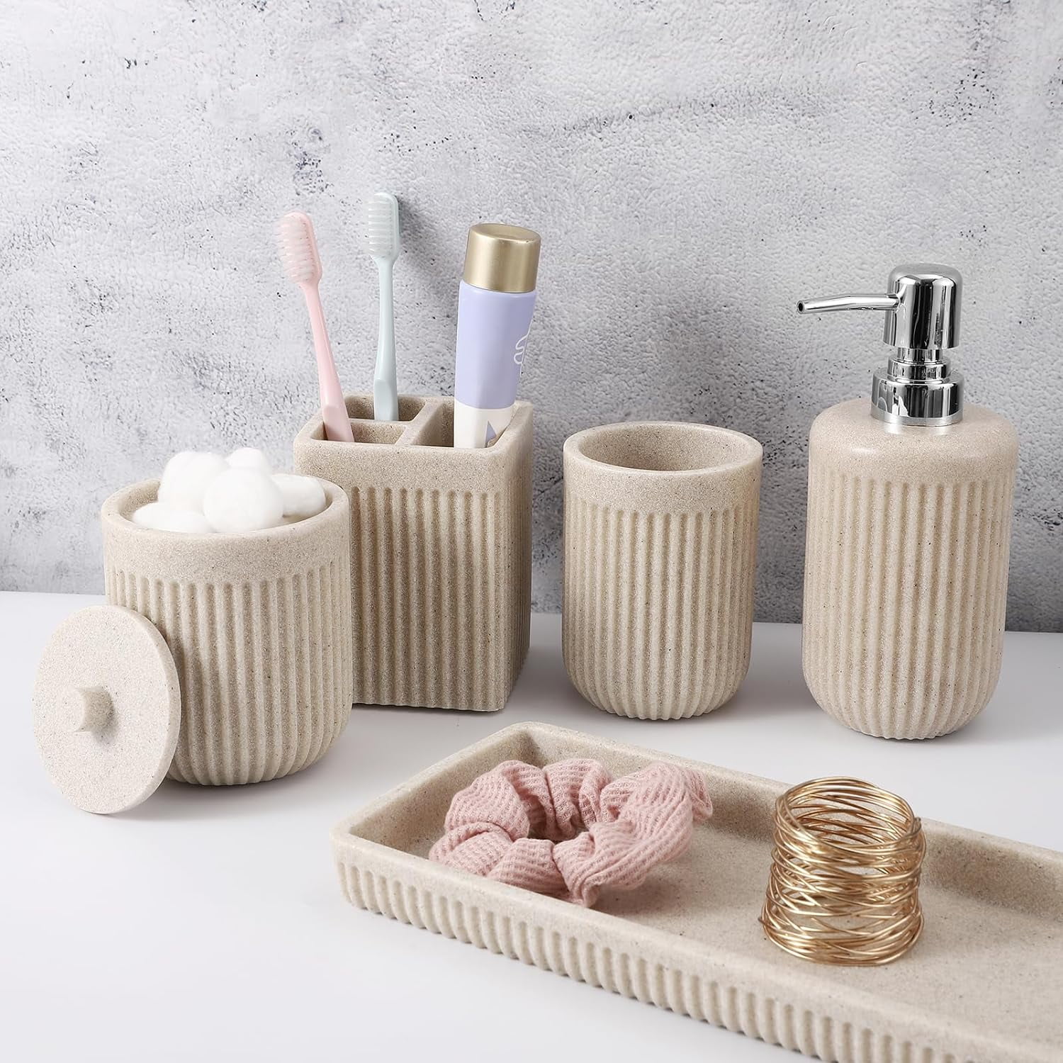 Resin Beige Bathroom Accessories Set 5 Pcs, Lotion Soap Dispenser ...
