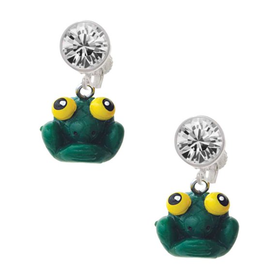 Resin Big Eyed Frog Clear Crystal Clip On Earrings