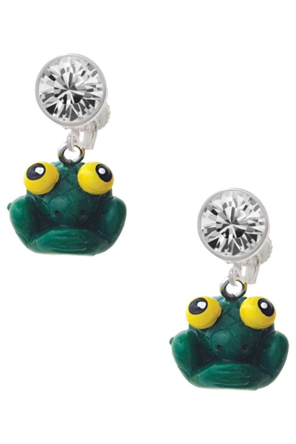 Resin Big Eyed Frog Clear Crystal Clip On Earrings