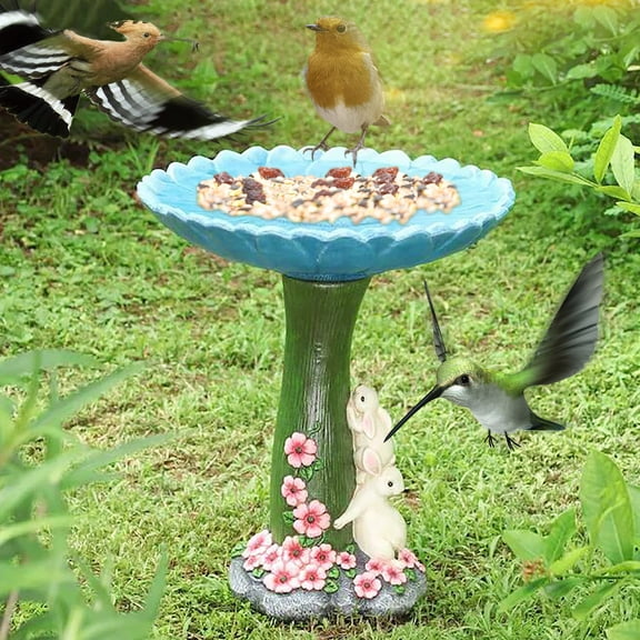 Resin Bird Bath Feeder with Cute Rabbit & Flower Design,Outdoor Garden Bird Bath Bowl,Weatherproof Resin Bird Feeder for Backyard Patio Decor,7.9" x 6.4"