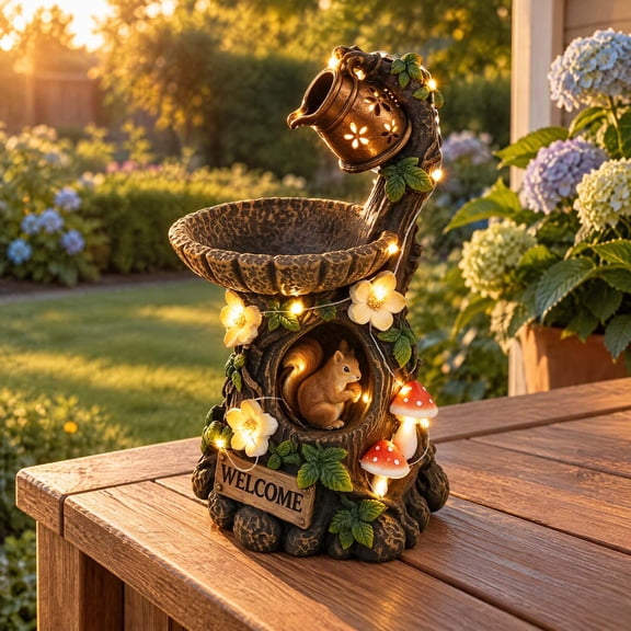 Resin Birdbath Feeder with Squirrel and Mushroom 7.87 Inch Welcome Garden Statue with Warm LED Accent Outdoor Decor for Patio Yard and Porch