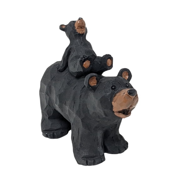 Resin Black Bear with Cub Riding on Back Figurine, Heartwarming Rustic Cabin Tabletop Decor, Woodland Animal Sculpture for Shelf and Desk, Wildlife Nursery Accessory and Mother’s Day Bear Gift