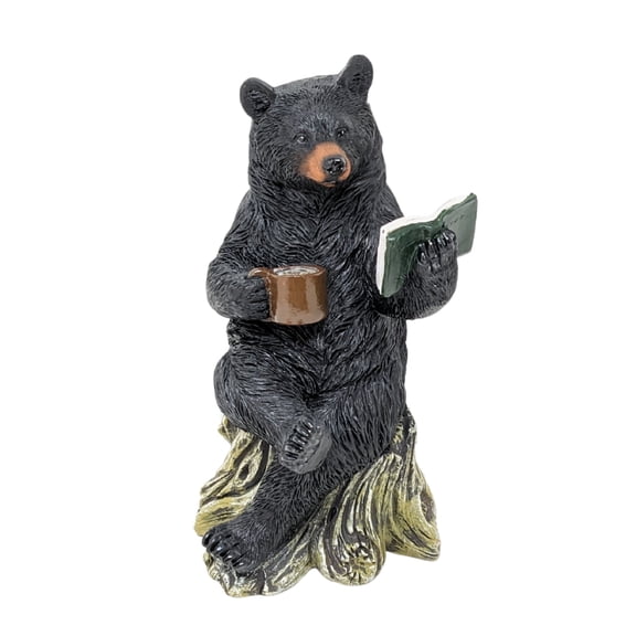 Resin Black Bear Drinking Coffee and Reading Book Figurine Rustic Woodland Animal Statue for Home Decor Vintage Cabin Sculpture Lodge Style Desktop Accent Unique Gift for Book Lovers