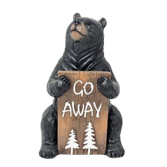 Resin Black Bear Figurine Holding Go Away Sign - Rustic Cabin Tabletop Decor, Woodland Animal Sculpture, Funny Lodge Style Housewarming Gift for Nature Lovers