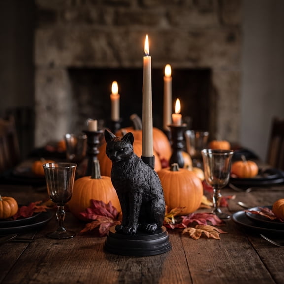 Resin Black Cat Arched Back Taper Candle Holder, Weighted Base Open Work Silhouette Spooky Decor, Desktop Dining Centerpiece for Halloween Party Props