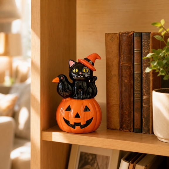 Resin Black Cat Pumpkin Lantern Figurine For Halloween - Cute Cat On Pumpkin With Crow For Office Party Stage Decor