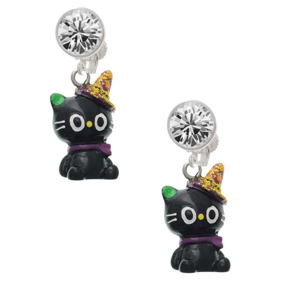 Resin Black Kitty Cat with Witch Hat Clear Crystal Clip On Earrings