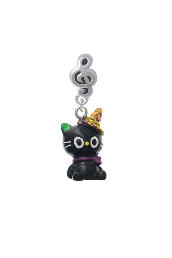 Resin Black Kitty Cat with Witch Hat - Clef Note Charm Bead