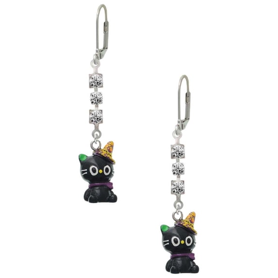 Resin Black Kitty Cat with Witch Hat Crystal Madison Leverback Earrings