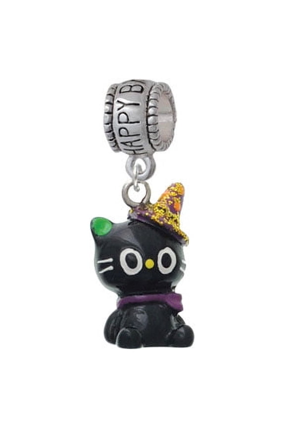 Resin Black Kitty Cat with Witch Hat - Happy Birthday Charm Bead