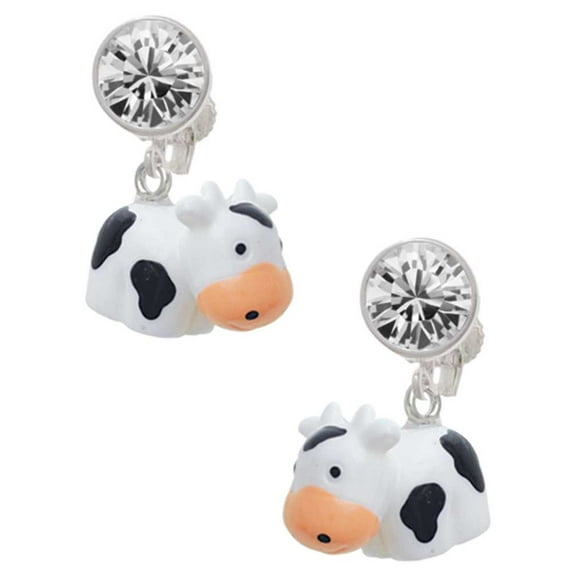 Resin Black and White Cow Clear Crystal Clip On Earrings