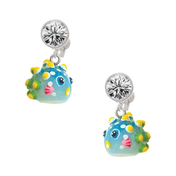 Resin Blowfish Clear Crystal Clip On Earrings