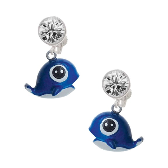 Resin Blue Baby Whale Clear Crystal Clip On Earrings