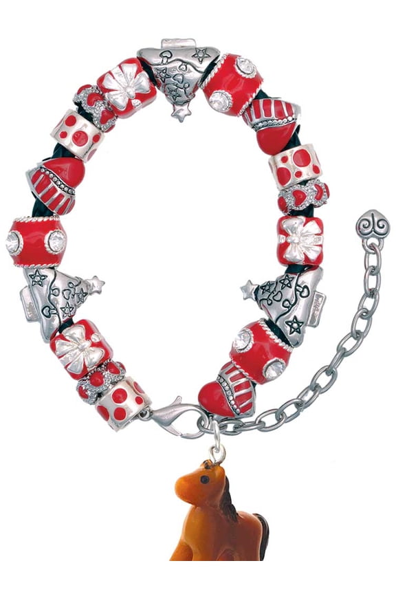 Resin Brown Pony Red Christmas Bead Bracelet
