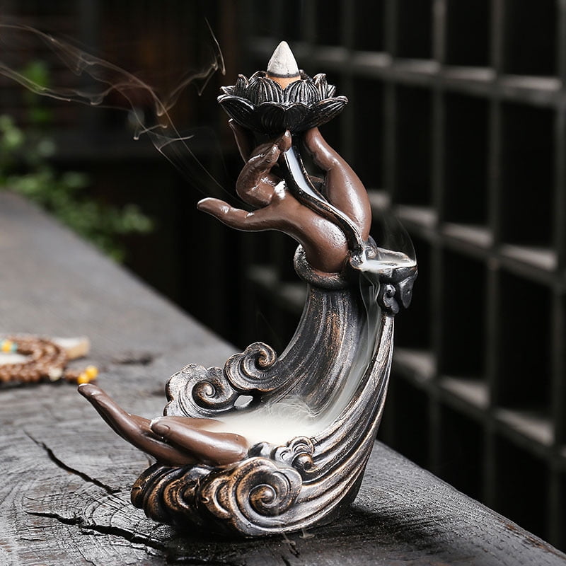 Resin Buddha Hand Backflow Incense Burner Creative Lotus Zen Bergamot Waterfall Smoke Reflux Incense Fragrance Holder Home Ornaments, Brown