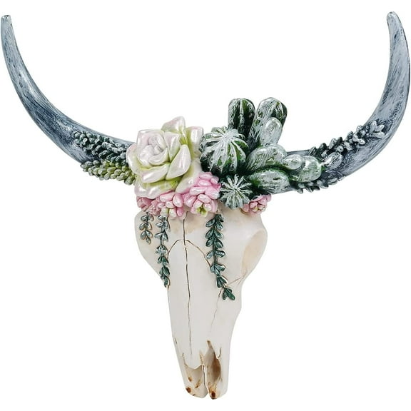 Resin Bull Cow Skull Head Wall Hanging Decor Succulent Flower Cow Skull Wall Decoration 3D Animal Sculpture Figurines Crafts Ornament Home Room Nordic Style Artwork Props 7.87inch