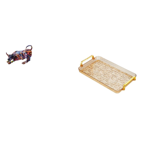 Resin Bull Statue Animal Figurine Serving Tray Hand Painted Rectangle Design for Living Room and Desk Decor