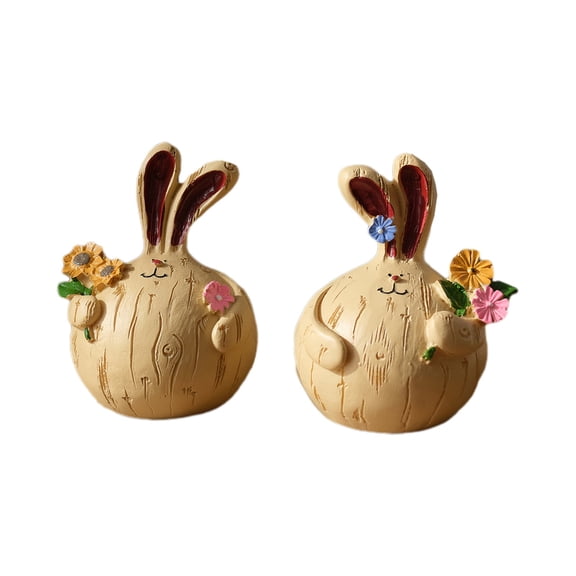 Resin Bunny Couple Figurine With Flower Holding Pose, Hand-Painted Woodgrain Texture For Easter Decor, Desktop And Romantic Gifts 2Pc 3.3X2.8X2.4In 0.5Lb