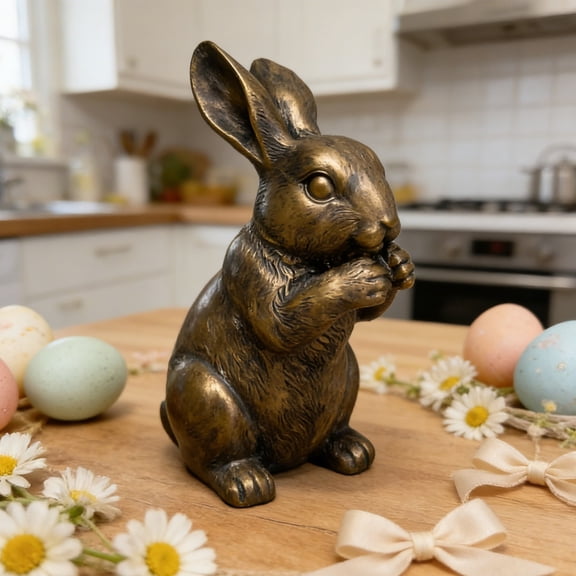 Resin Bunny Statues, 4.5 inch Mini Resin Standing Bunny Tabletop Easter Decoration, Bronze, Retro Bronze Finish Rabbit Ornament for Spring Home Bookshelf Table Decoration, Easter Gifts