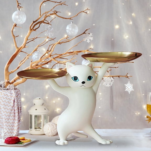 Resin Cartoon Cat Sculpture with Metal Tray Animal Statue Figurine Storage Tray Key Tray Sundries Candy Container Nut Tray for Office Desk Home Decor Figurines Entryway Table Decor, Clearance