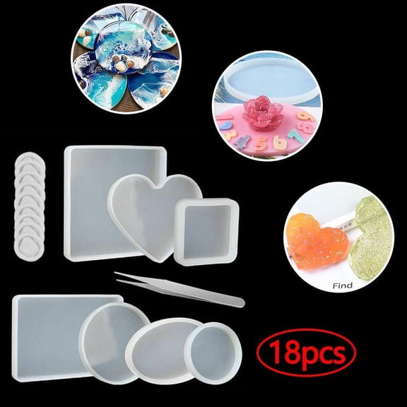 Resin Casting Molds,18pcs Coaster Silicone Mold Inculd Round,Square,Rectangle,Ellipse,Heart Coaster Molds,Epoxy Resin Molds for Casting with Resin,Concrete Cement