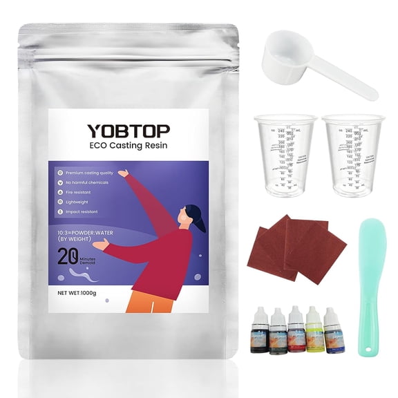 Resin Casting Powder 1000g with 5 Pigments - Fast Cure Eco Plaster Kit, Water Activated, 30 Min Demold for Beginners, Self-Leveling DIY Crafts, Molds, Home Decor Gifts