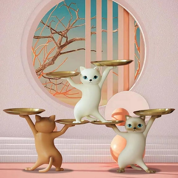 Resin Cat Decorative Tray Figurines, Cat Statue Candy Dish, Dancing Funny Cat Statue, Sundries Candy Container Nut Double Tray for Home/Bedroom/Office Entrance Table Decor and Gadgets Storage