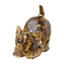 Resin Cat Figurine with Crystal Gravel, Lying Cat Ornament for Home Decor, Wealth Symbol Gift, Bedroom Desk Accent in Blue Green Brown​​