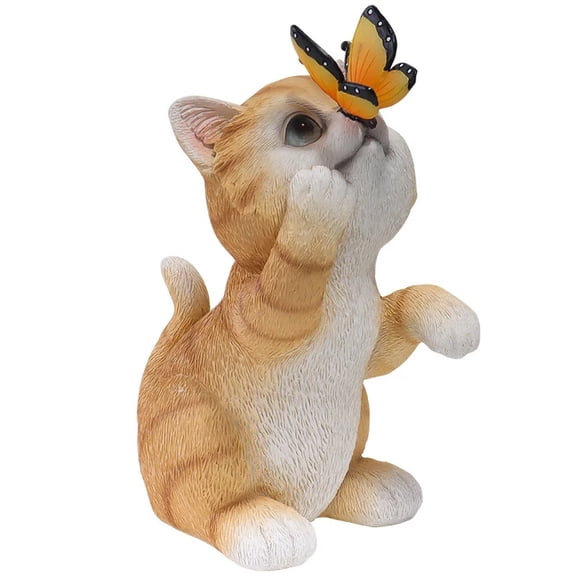 Resin Cat Garden Statue with Butterfly Solar Powered Light, Cute Outdoor Sculpture Decor Lamp for Yard, Lawn, Patio & Courtyard Ornament