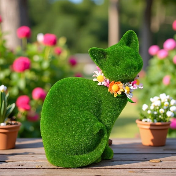 Resin Cat Ornament 7.1 in Green Garden Statue Personalized Figurine for Balcony Yard Courtyard Indoor Shelf Decorative Sculpture Gift for Cat Lovers Home Decor