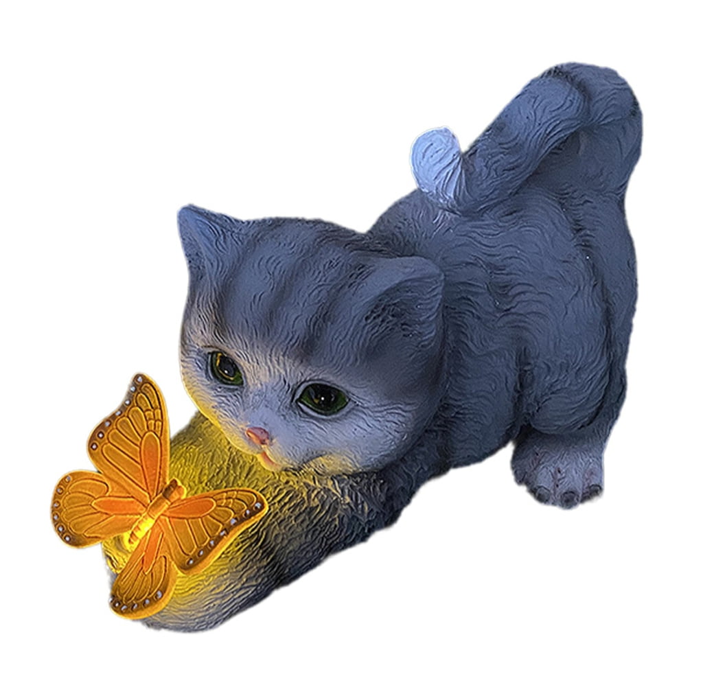 Resin Cats Solar Light Garden Statue for Yard Lawn Decoration Life Like Cats Solar Lamp with Butterfly Decorative Figurine