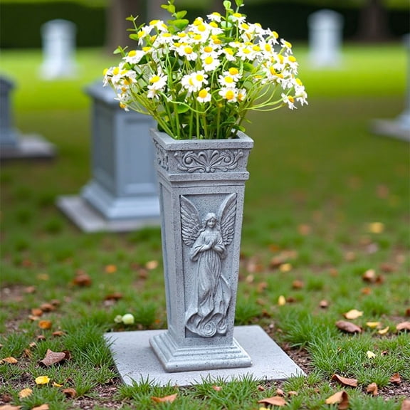 Resin Cemetery Vase with 5.5-Inch Metal Spike for Graves, Angel Garden Ornament with Drainage, Memorial Flower Holder for Outdoor Remembrance, gray