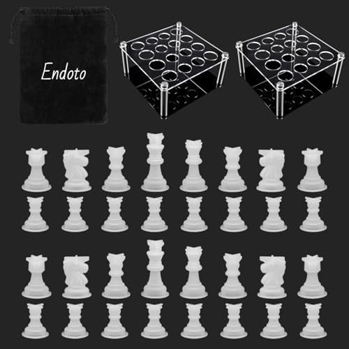 Resin Chess 32 Pieces Mold Set with 2 Pack Chess Piece Holder, 32 Pieces Full Size 3D Silicone Chess Molds Kit for Epoxy Resin Casting, Family Party Board Games and Home Decoration$$Art & Craft