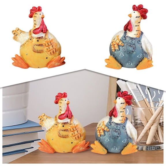 Resin Chicken Garden Statues Farmhouse Decor, Funny Sitting Rooster Sculptures with Overalls, Decorative Country Style Hen Figurines for Patio, Yard, Shelf and Home Office Ornament